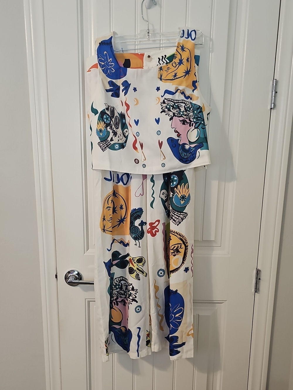 Commense Cream Printed Wide-Leg 2-Piece with Blue & Yellow Accents